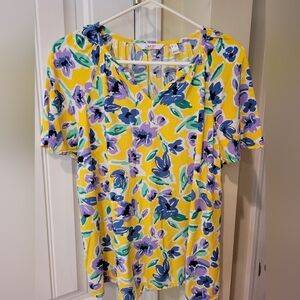Women's Floral Denim & Company Yellow Short Sleeve Blouse